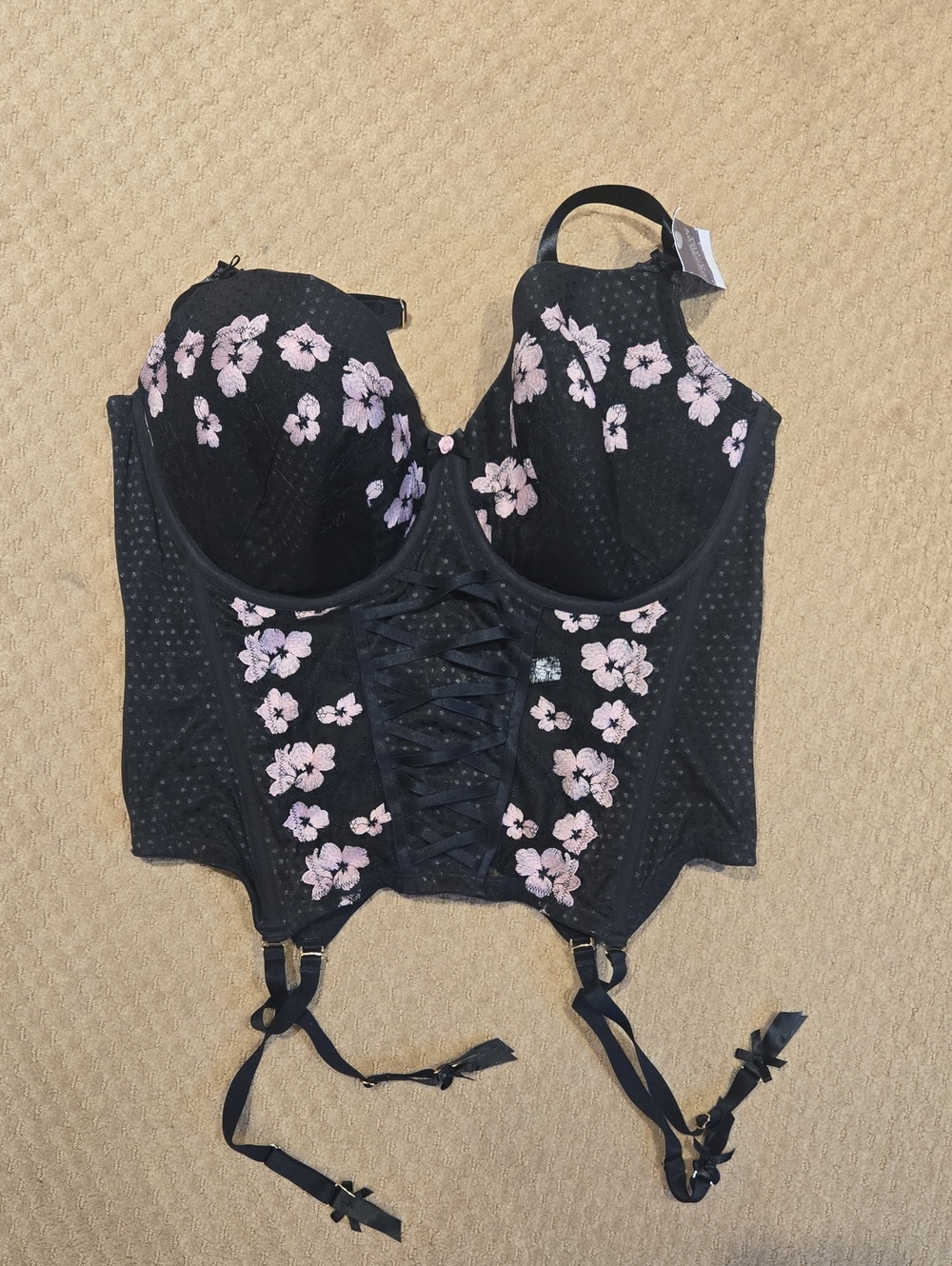 Black Floral Lace-Up Bustier Corset with Pink Embroidery Cacique 44DD NWT
